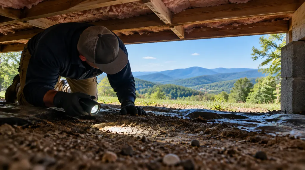 A technician inspecting a crawl space with a flashlight in Taylors, SC