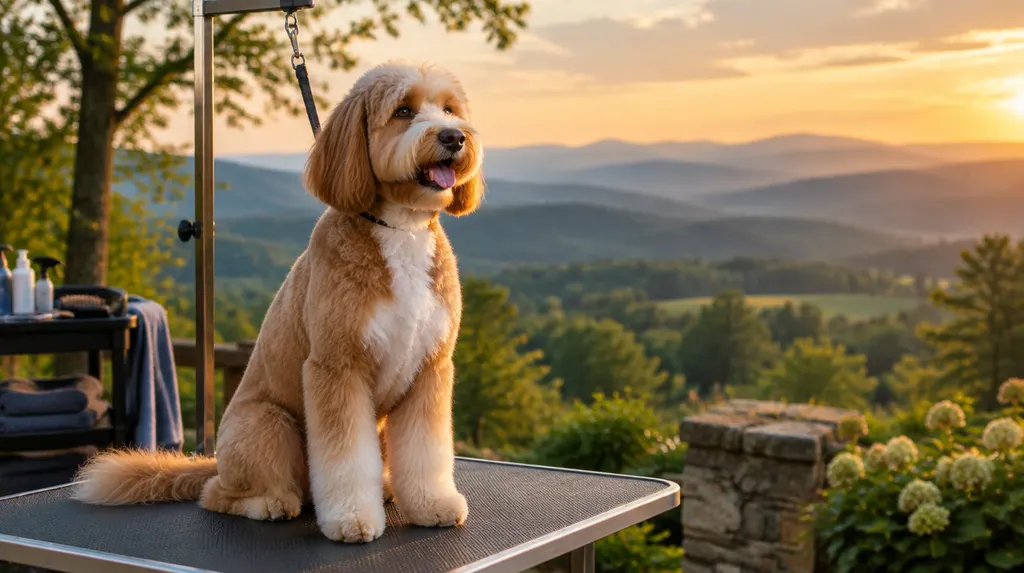 A freshly groomed dog on a grooming table in Taylors, SC