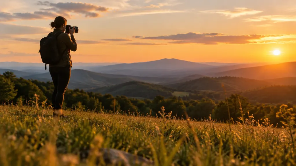A photographer holding a camera at a golden-hour field in Taylors, SC