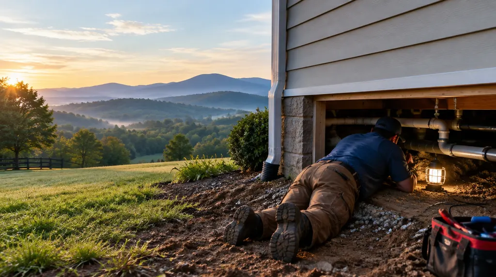 A plumber checking pipes in a crawl space with a work light in Taylors, SC