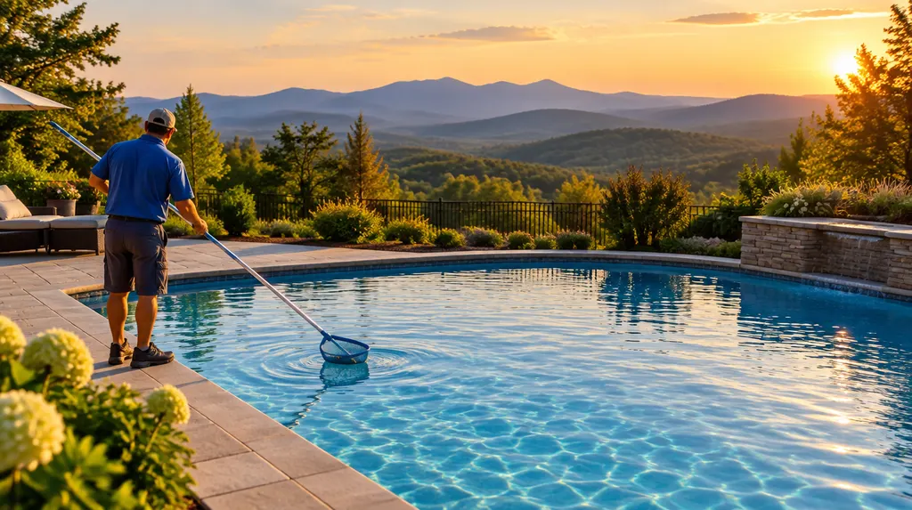 A pool technician skimming a sparkling backyard pool in Taylors, SC