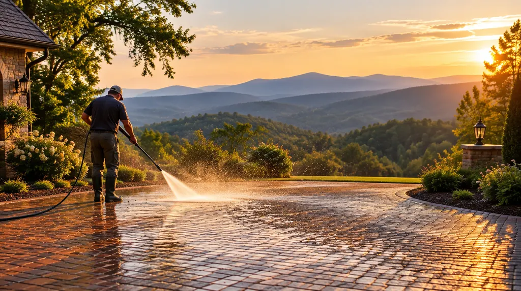 Pressure washing a brick driveway with sparkling spray in Taylors, SC