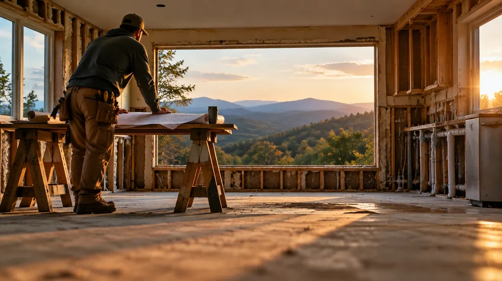 A contractor reviewing plans in a gutted kitchen in Taylors, SC