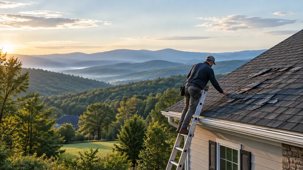 A roofer inspecting storm-damaged shingles from a ladder in Taylors, SC