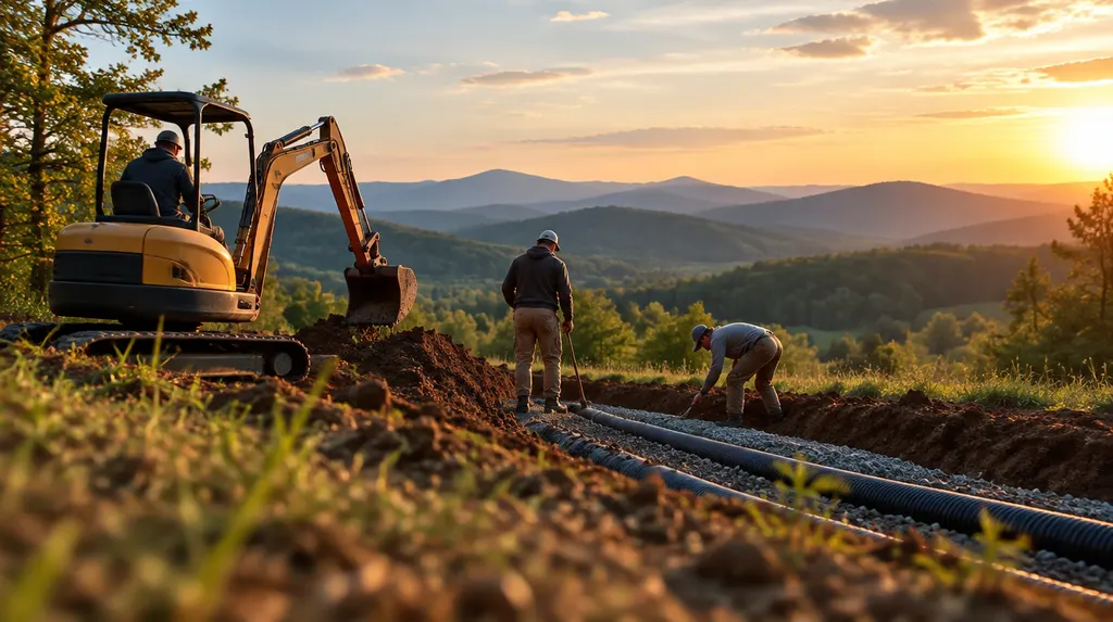 A crew repairing a drain field with a small excavator in Taylors, SC