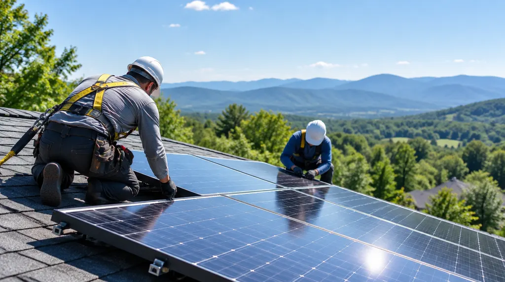Installers mounting solar panels on a sunny roof in Taylors, SC