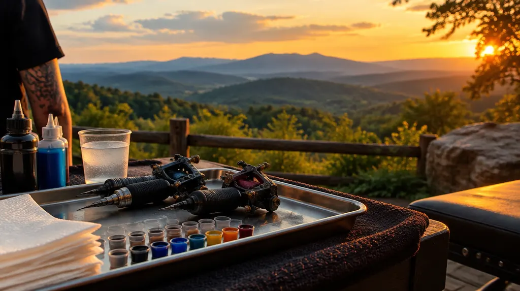 Tattoo machines and ink caps on a tray in Taylors, SC