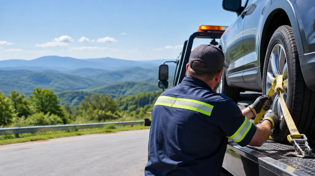 A tow truck driver securing a vehicle with straps in Taylors, SC