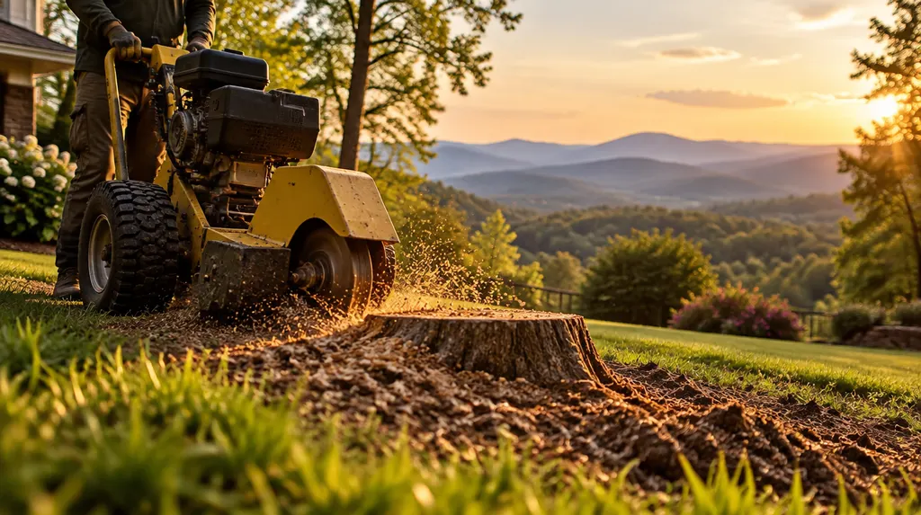 A stump grinder working in a sunny backyard in Taylors, SC