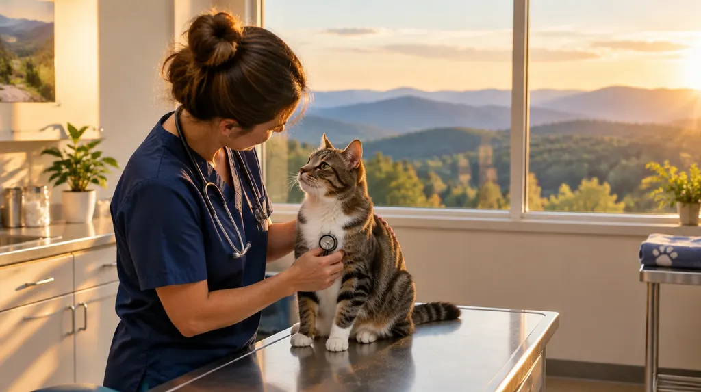 A vet checking a cat in a bright clinic in Taylors, SC