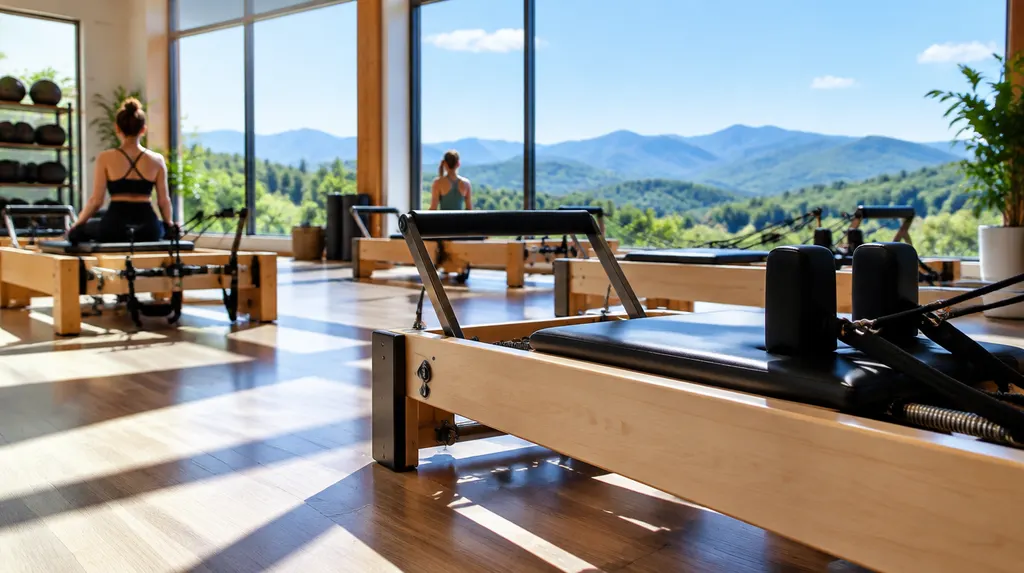 Pilates reformer machines in a bright studio in Taylors, SC