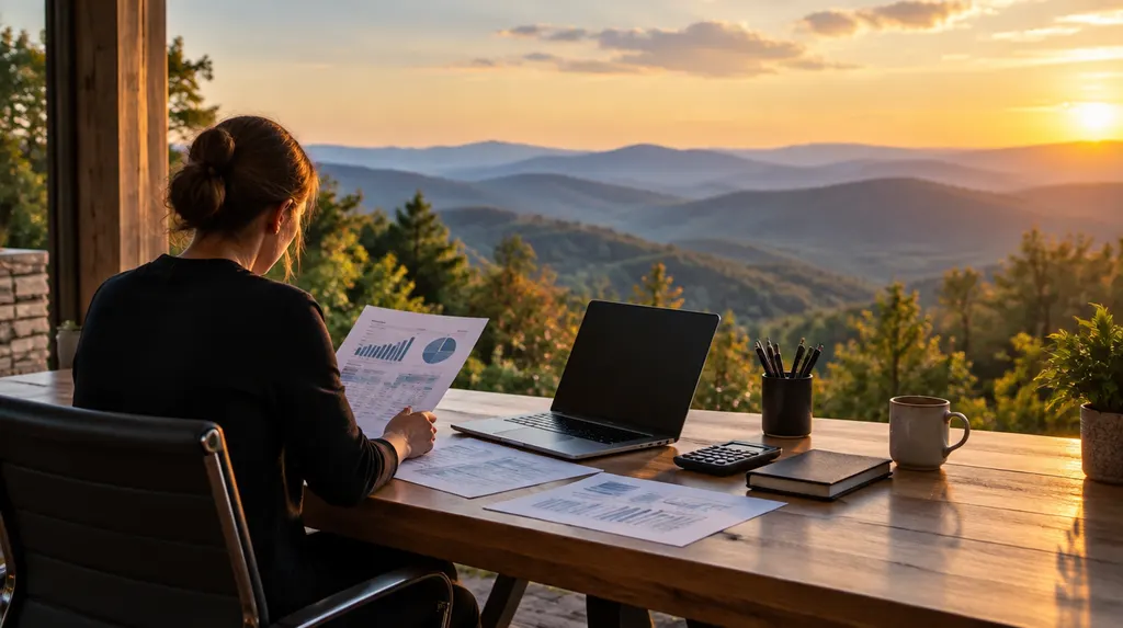 An accountant reviewing financial reports at a desk in Wade Hampton, SC
