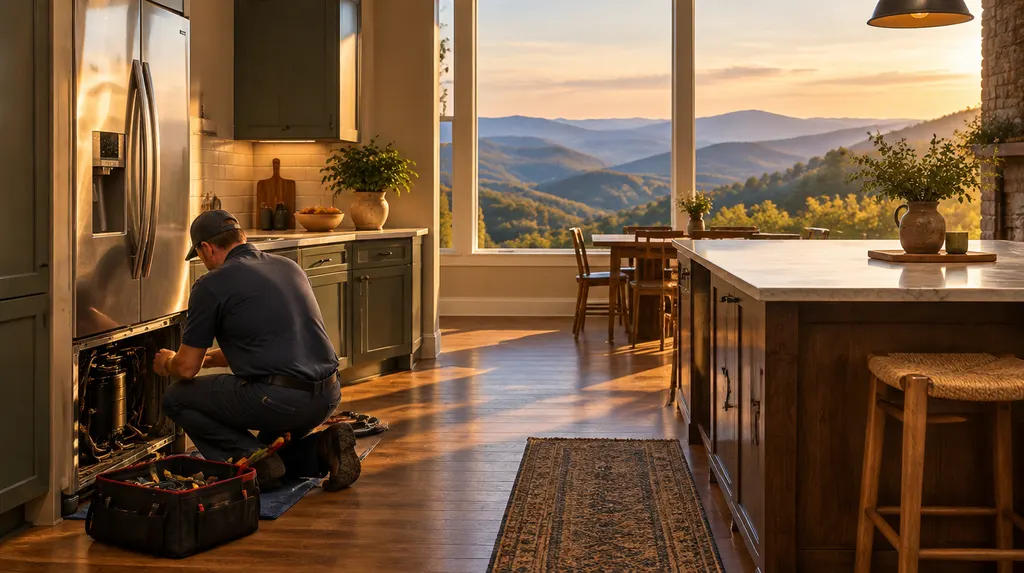 A technician repairing a refrigerator in a kitchen in Wade Hampton, SC