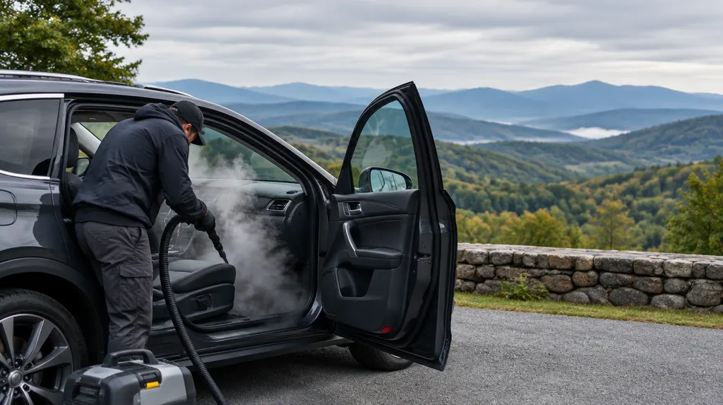 A detailer cleaning a car interior with a steam tool in Wade Hampton, SC