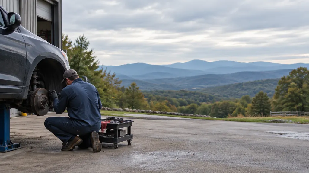 A mechanic checking brakes on a wheel in Wade Hampton, SC