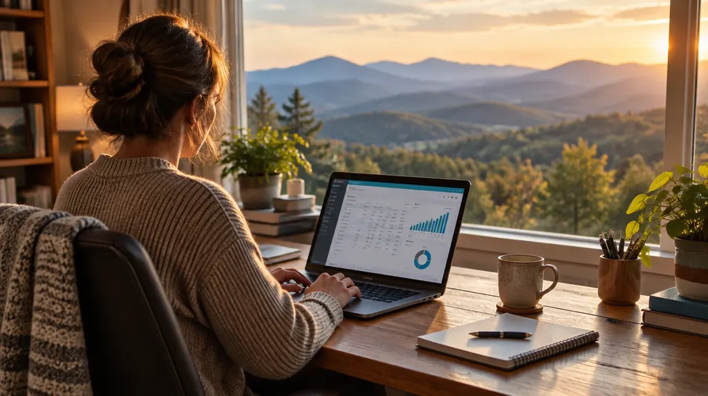 A bookkeeper working on financial software in a home office in Wade Hampton, SC
