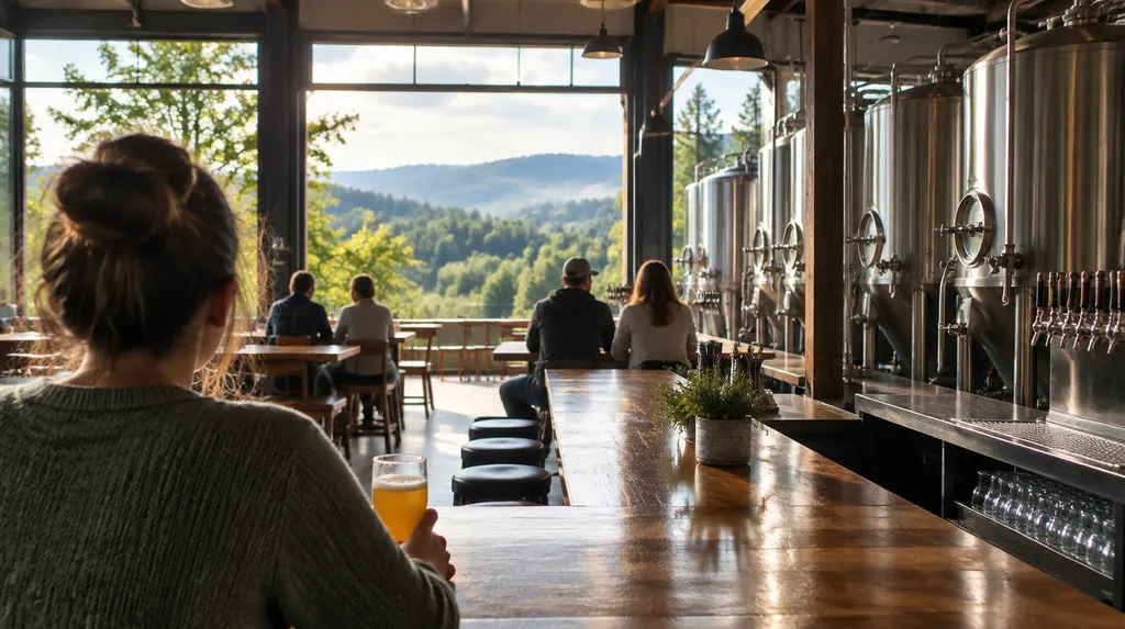A craft brewery taproom with tanks and a bar in Wade Hampton, SC