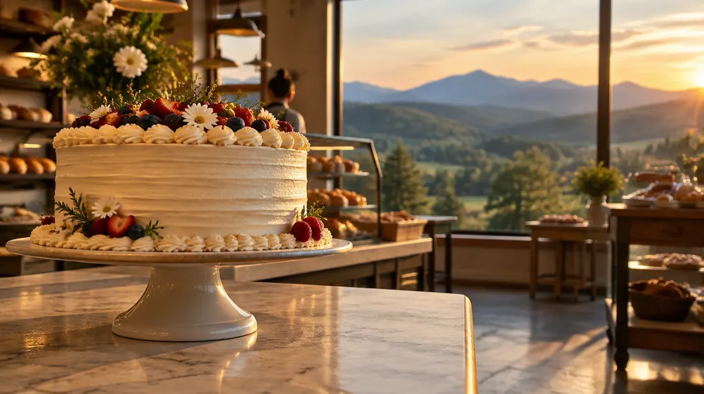 A decorated celebration cake in a bakery in Wade Hampton, SC