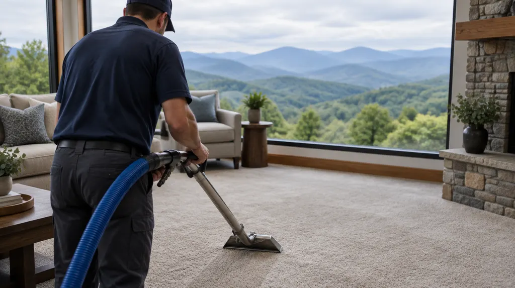 A technician cleaning a carpet with a wand in Wade Hampton, SC