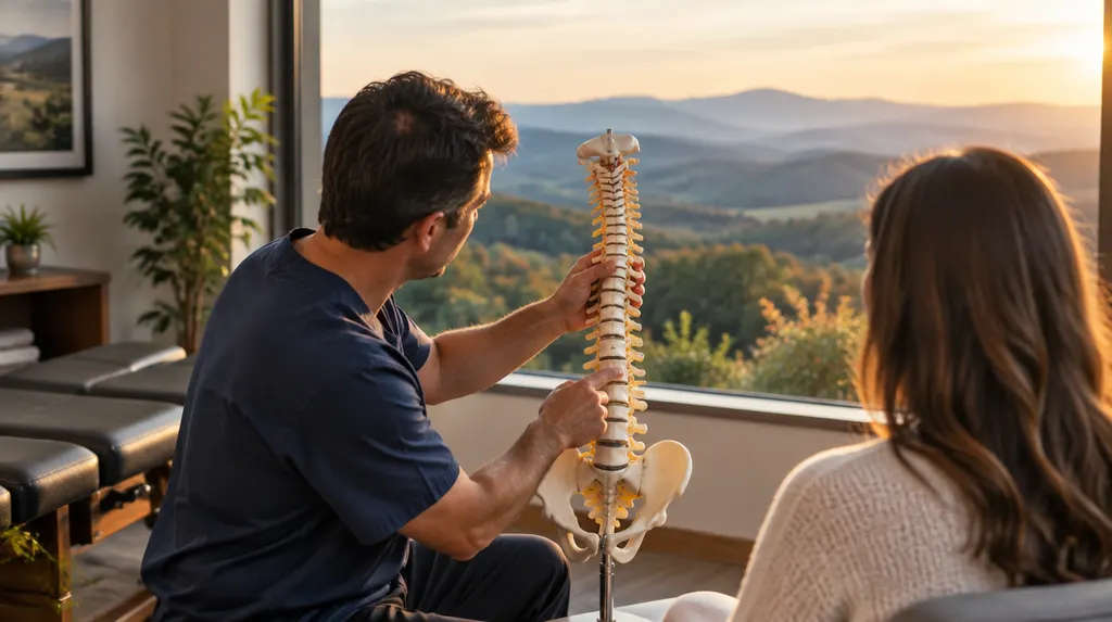 A chiropractor discussing a spine model in Wade Hampton, SC