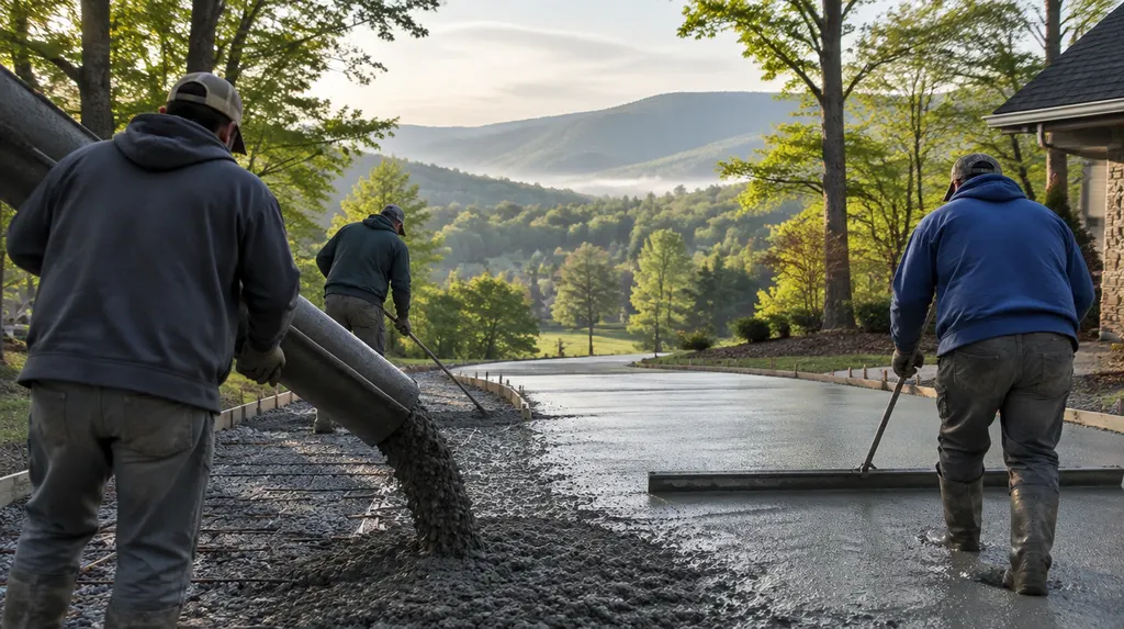 A crew pouring and screeding a new concrete driveway in Wade Hampton, SC