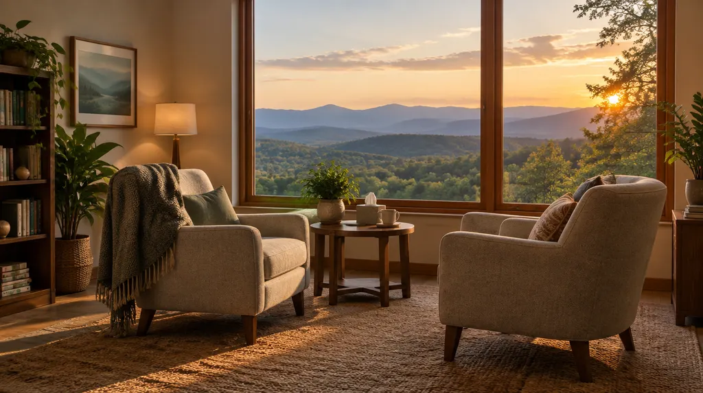 A calm, softly lit counseling room with two armchairs in Wade Hampton, SC