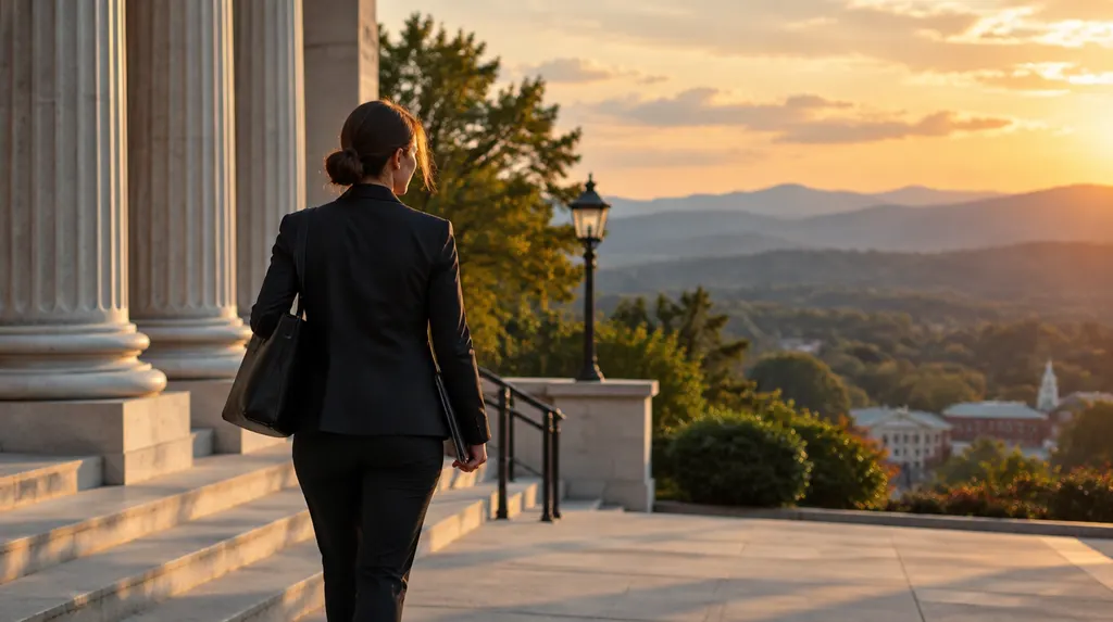 An attorney walking outside a courthouse-style building in Wade Hampton, SC