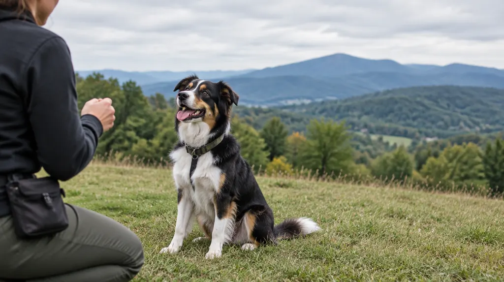 A happy dog sitting during a training session in Wade Hampton, SC