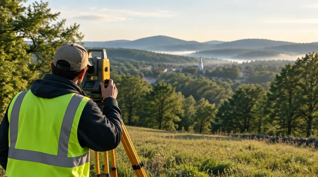 A surveyor with a tripod instrument in a field in Wade Hampton, SC