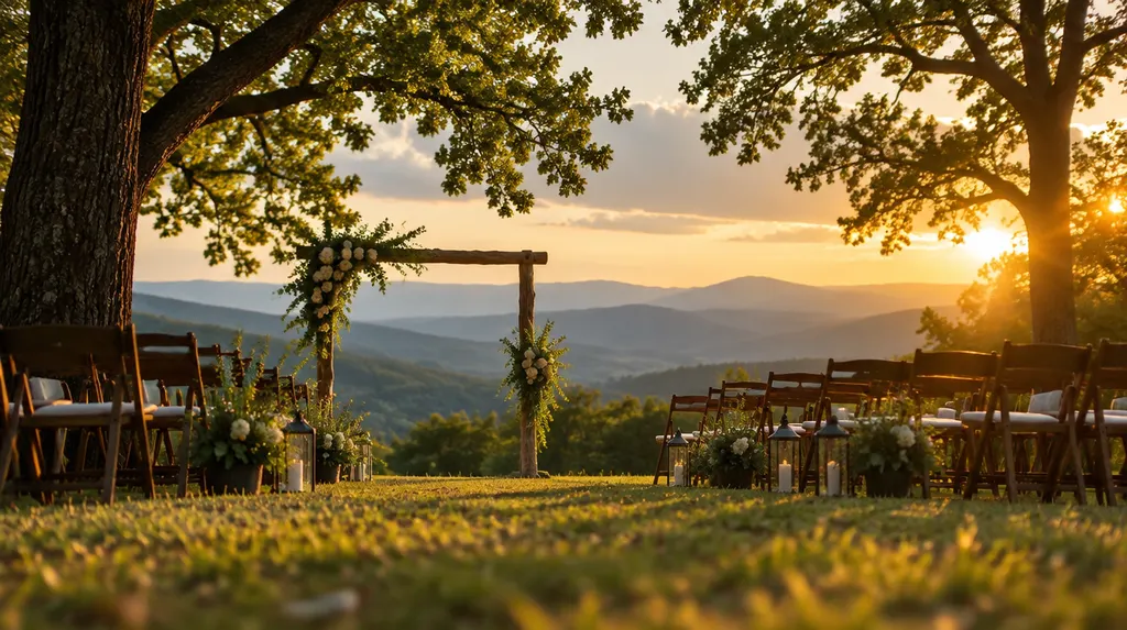 An outdoor ceremony setup under oak trees in Wade Hampton, SC