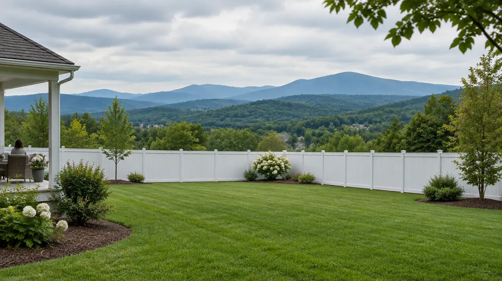 A white vinyl fence around a green backyard in Wade Hampton, SC