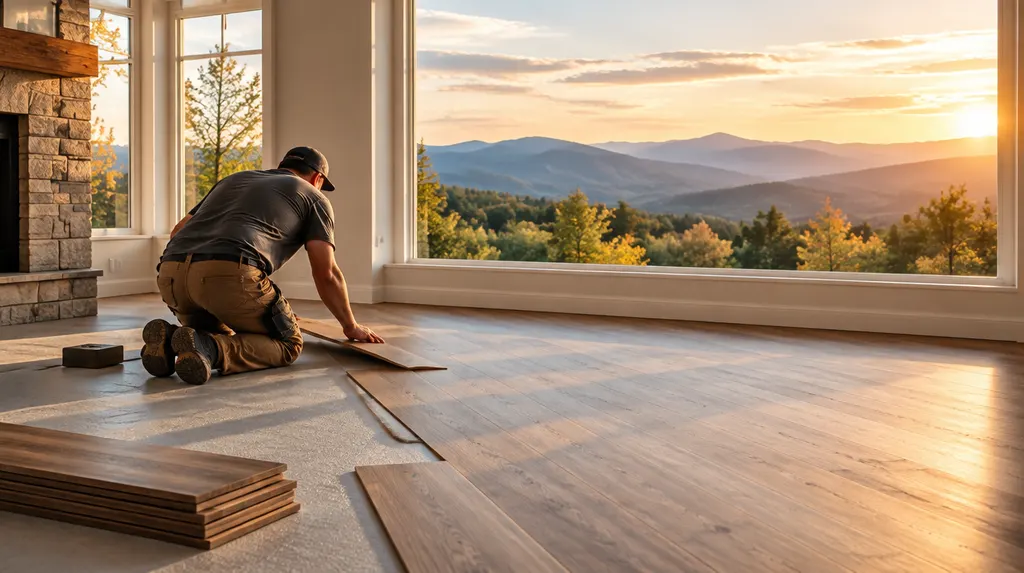 An installer laying luxury vinyl plank flooring in Wade Hampton, SC