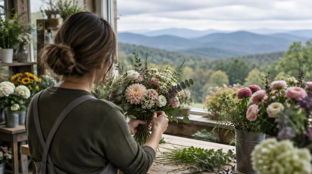 A florist arranging a bouquet in a flower shop in Wade Hampton, SC