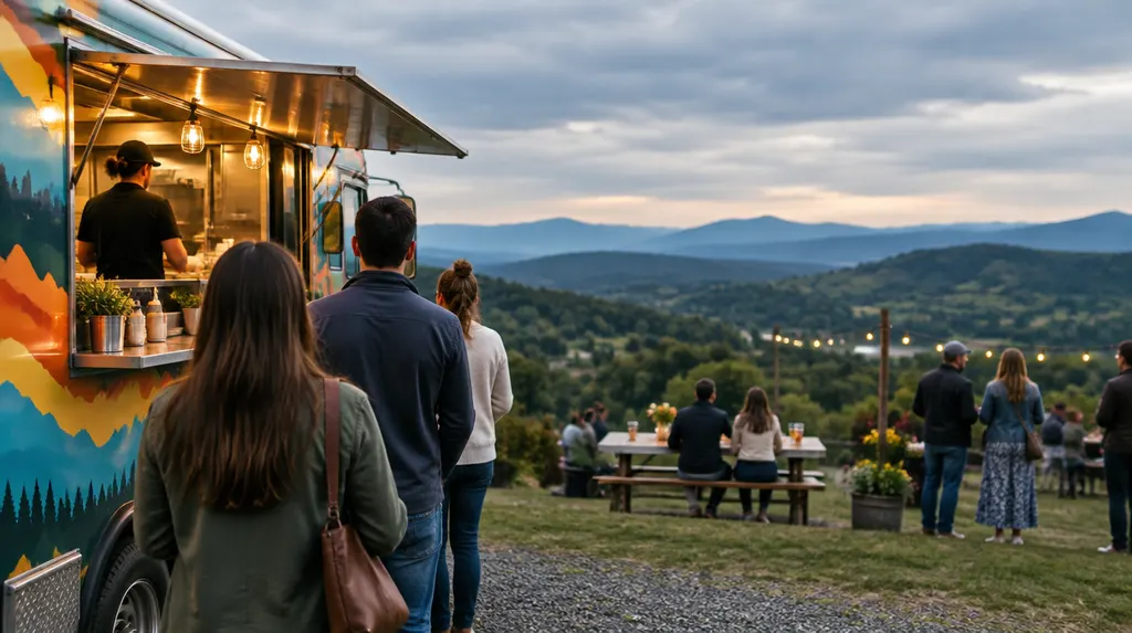 A colorful food truck serving at an evening event in Wade Hampton, SC