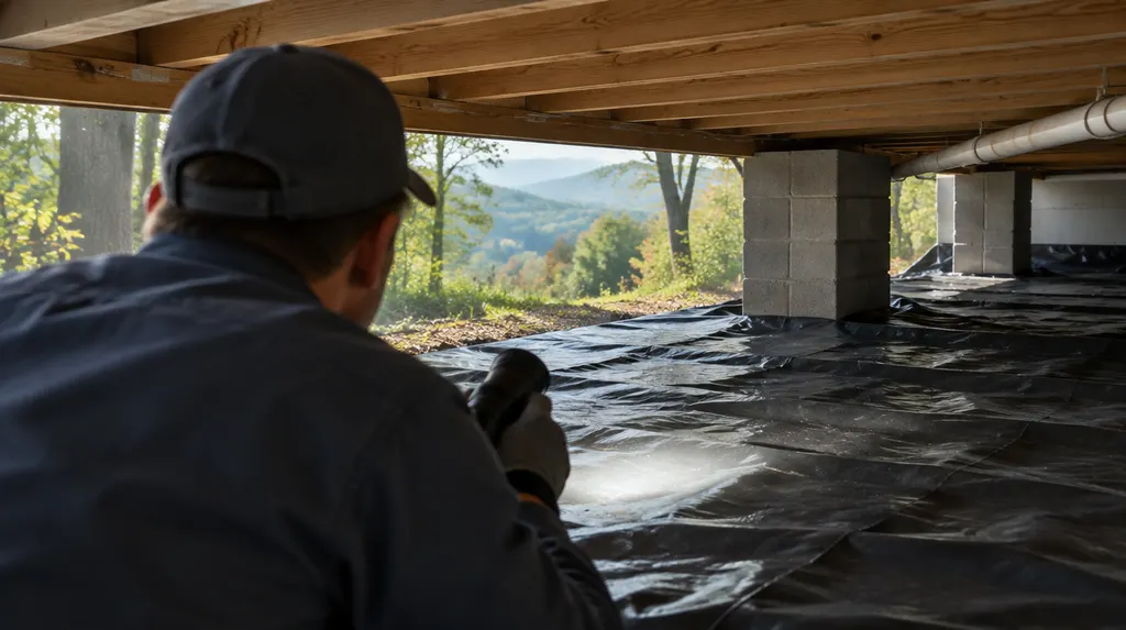 A technician inspecting a crawl space with a vapor barrier in Wade Hampton, SC