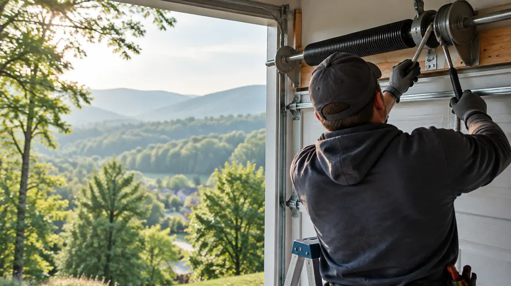 A technician replacing a torsion spring above a garage door in Wade Hampton, SC