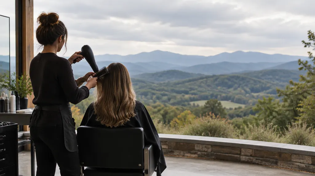 A stylist blow-drying a client’s hair in Wade Hampton, SC