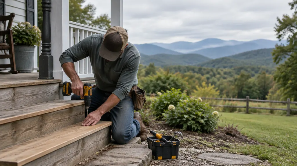 A handyman repairing a wooden porch step in Wade Hampton, SC