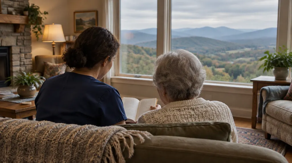 A warm living room with a caregiver and a senior reading together in Wade Hampton, SC