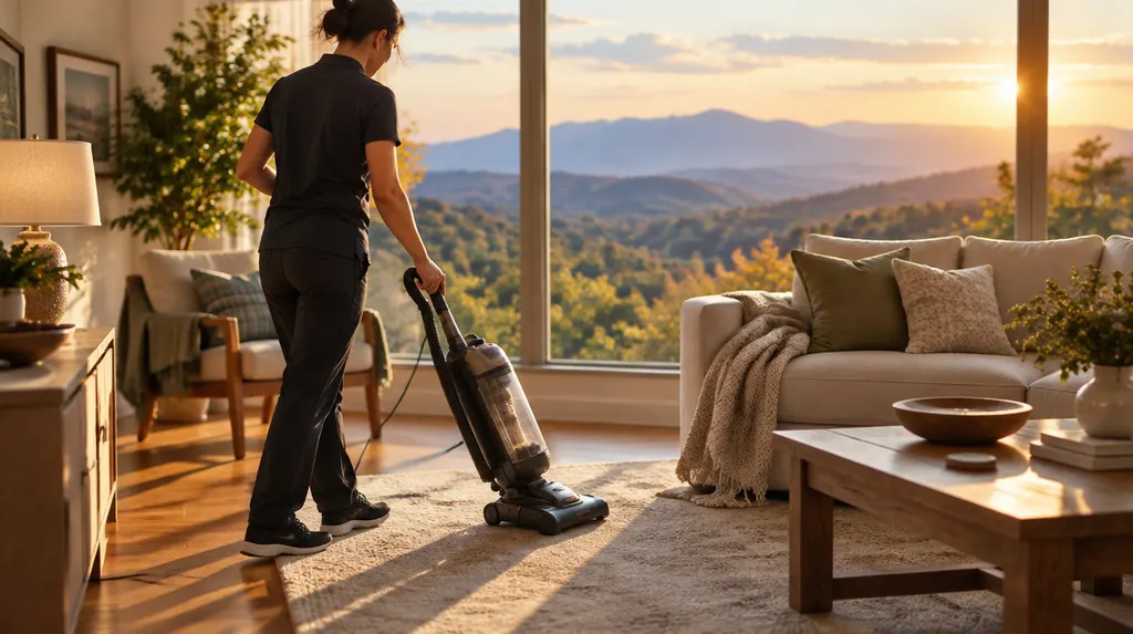 A cleaner vacuuming a sunny living room in Wade Hampton, SC