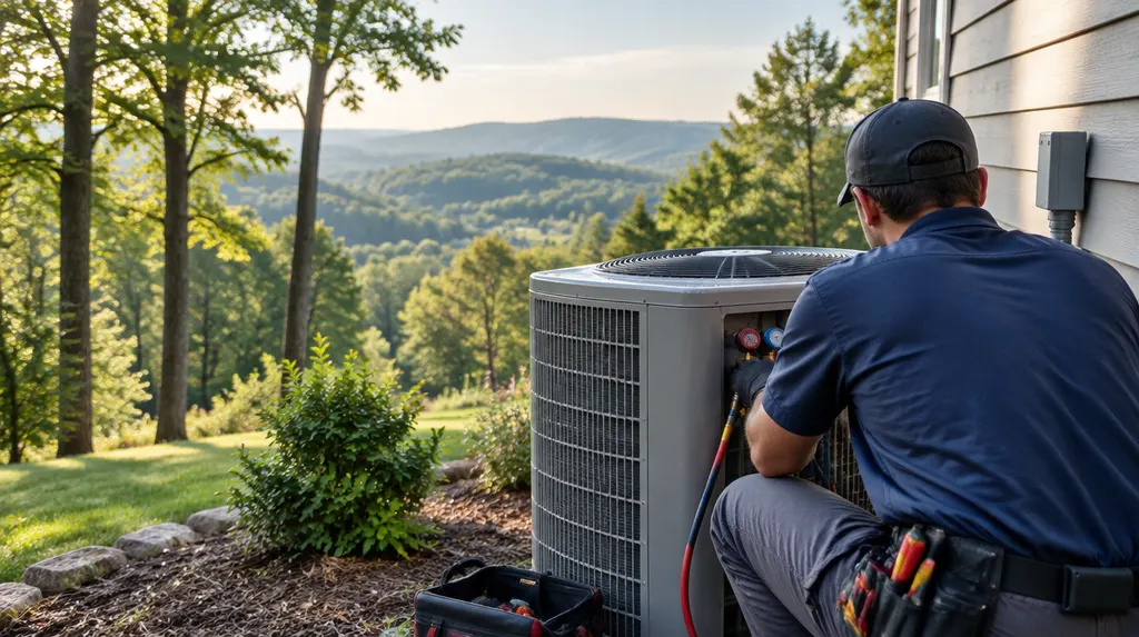 An HVAC technician servicing an outdoor condenser beside a house in Wade Hampton, SC