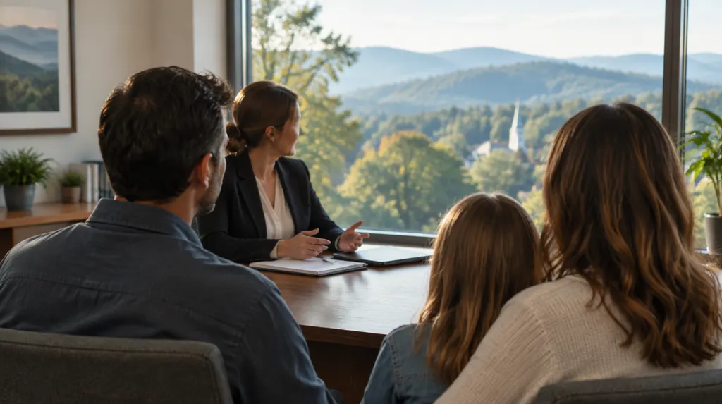 An insurance agent meeting a family in an office in Wade Hampton, SC