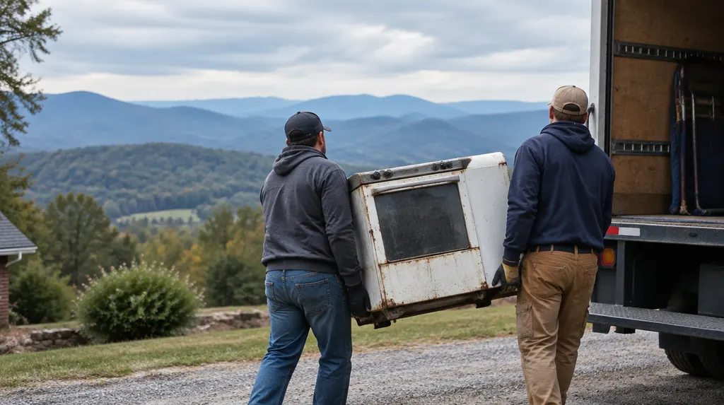 Workers carrying an old appliance to a truck in Wade Hampton, SC