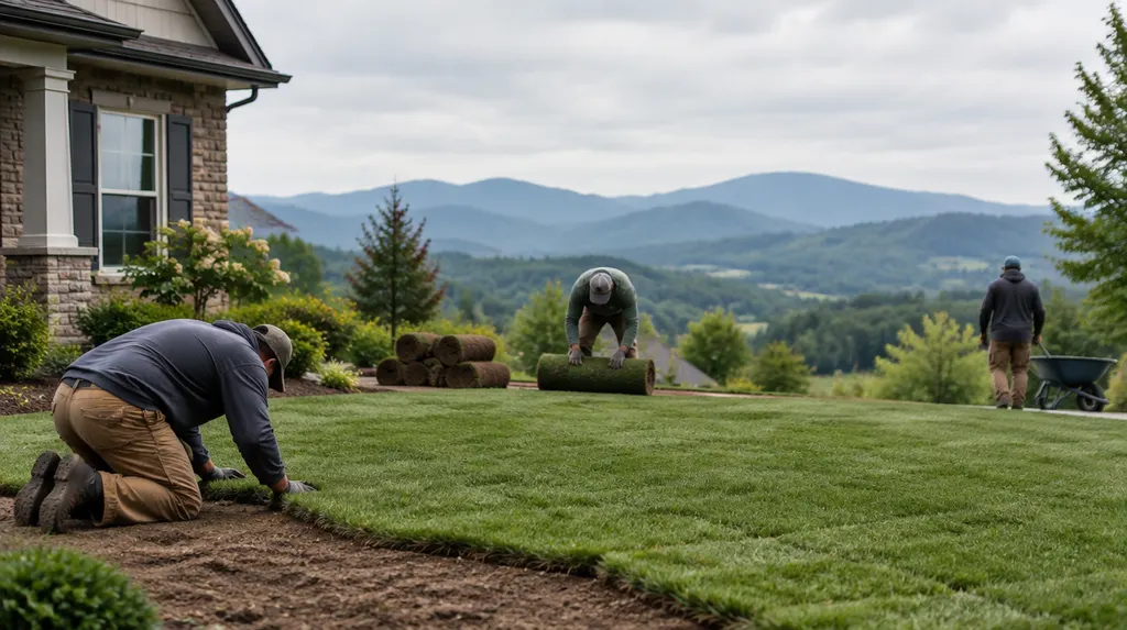 A crew laying fresh sod in a front yard in Wade Hampton, SC