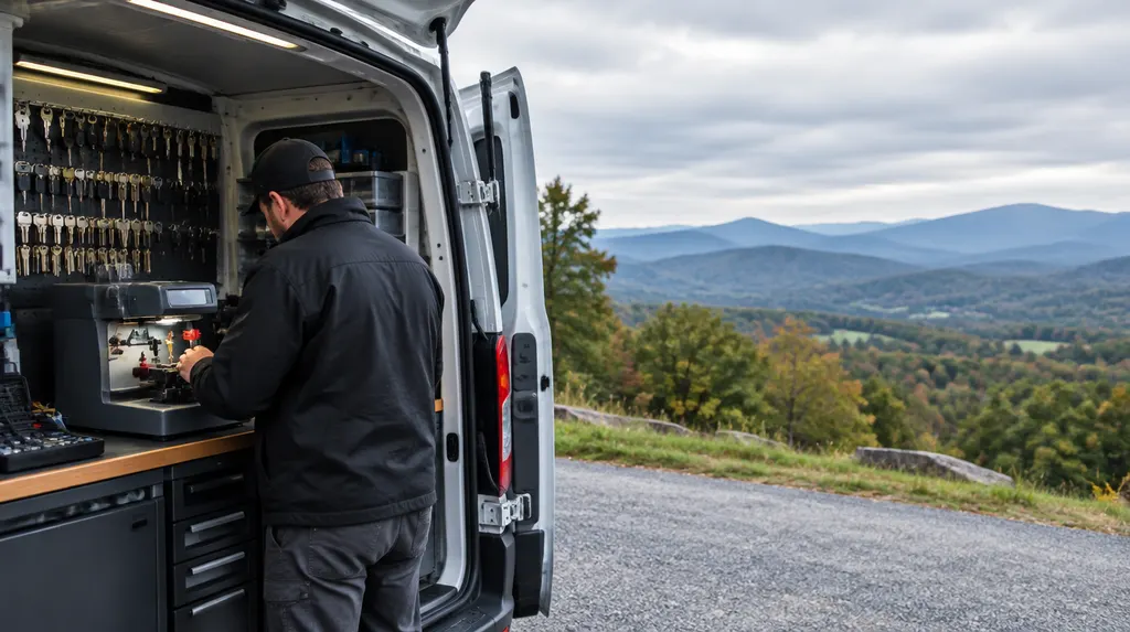 A locksmith cutting a new car key at a key machine in a work van in Wade Hampton, SC