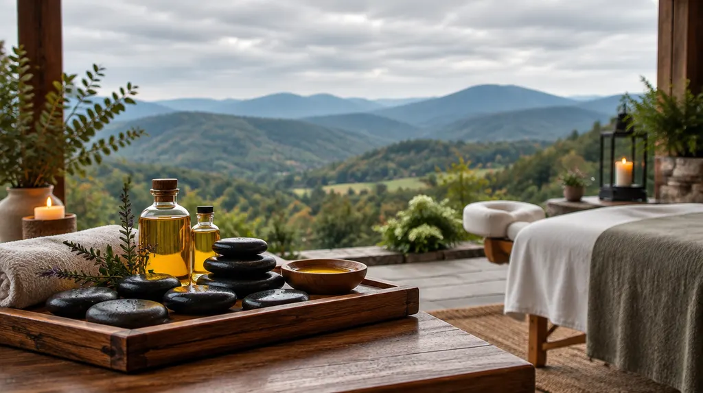 Warm stones and oils on a wooden tray in a spa in Wade Hampton, SC