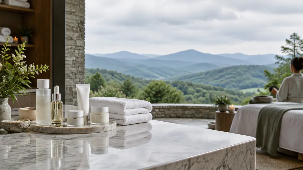 Skincare products on a marble counter in a spa in Wade Hampton, SC