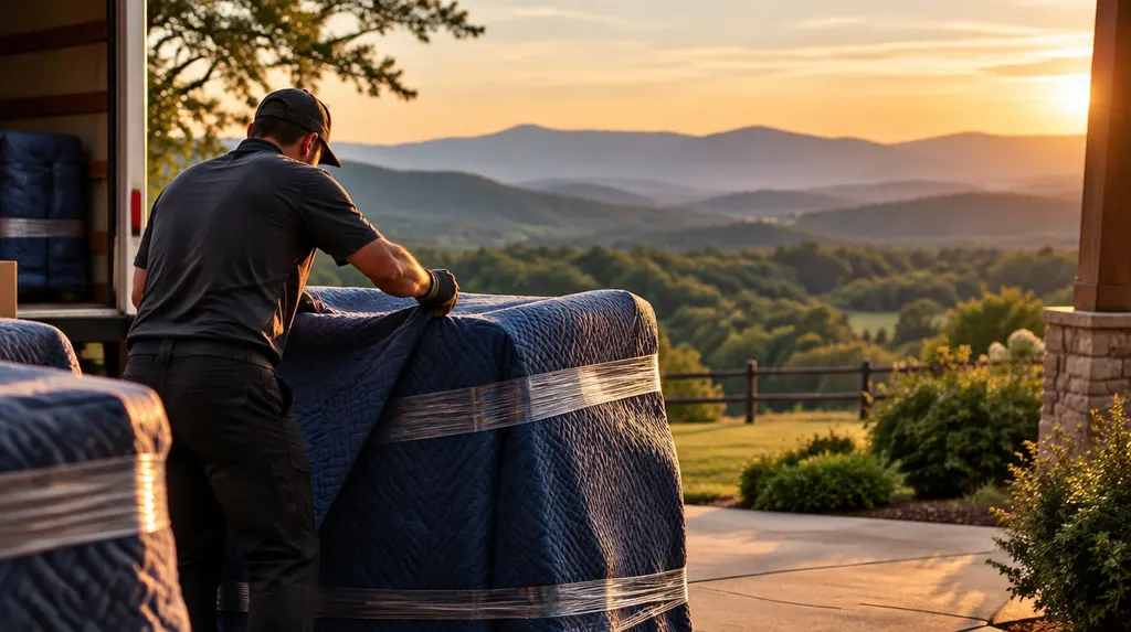 A mover wrapping furniture in moving blankets in Wade Hampton, SC