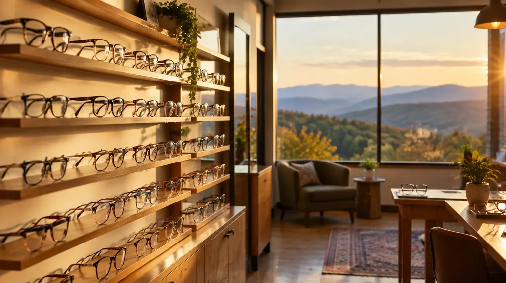 A wall of stylish eyeglass frames in an optical shop in Wade Hampton, SC