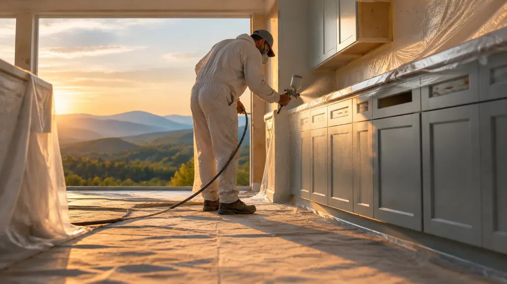 A painter spraying kitchen cabinets in a prepped room in Wade Hampton, SC
